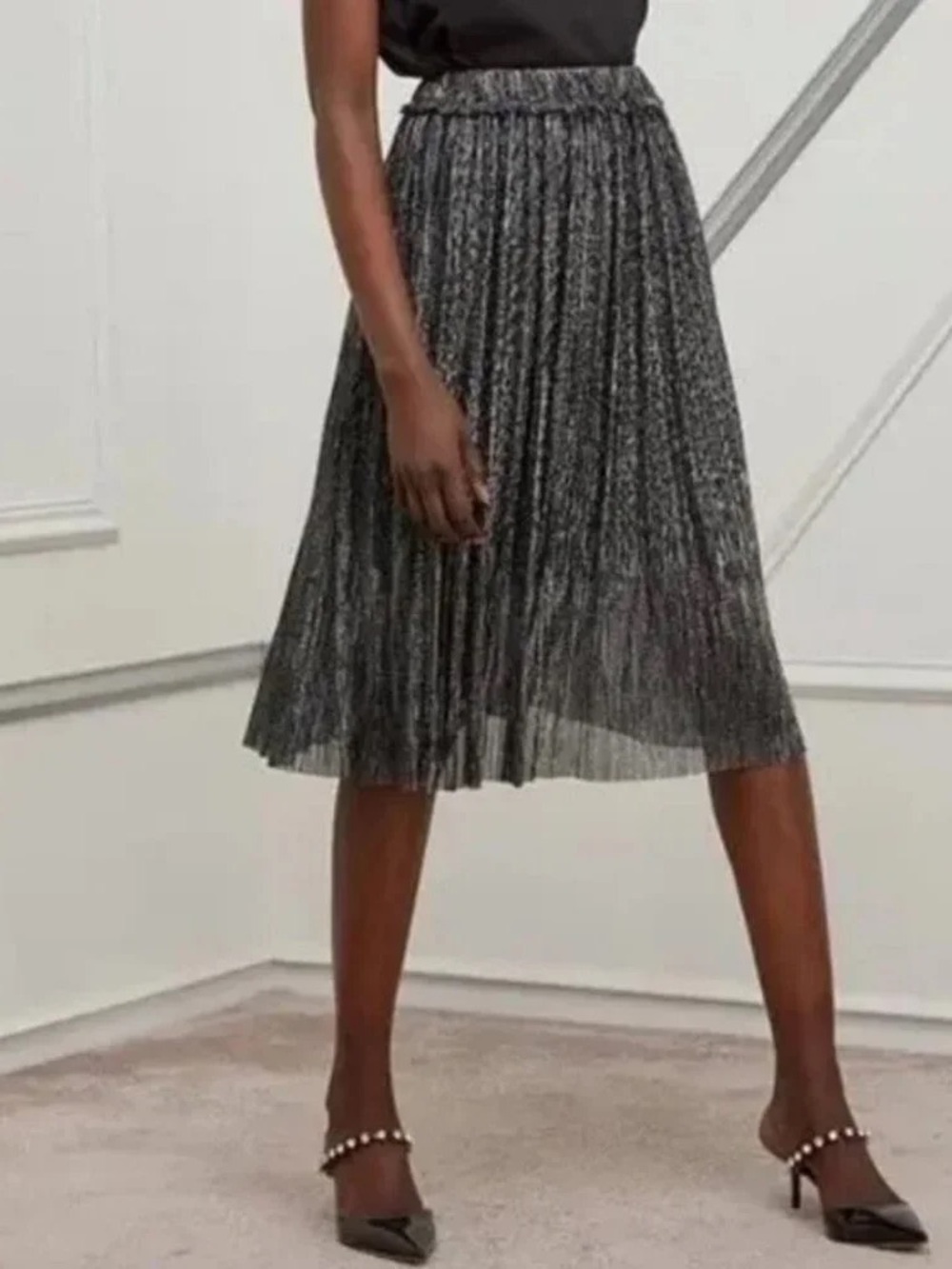 Isabel Marant Etoile Beatrice Metallic Shirred Pleated Pull On Midi Skirt